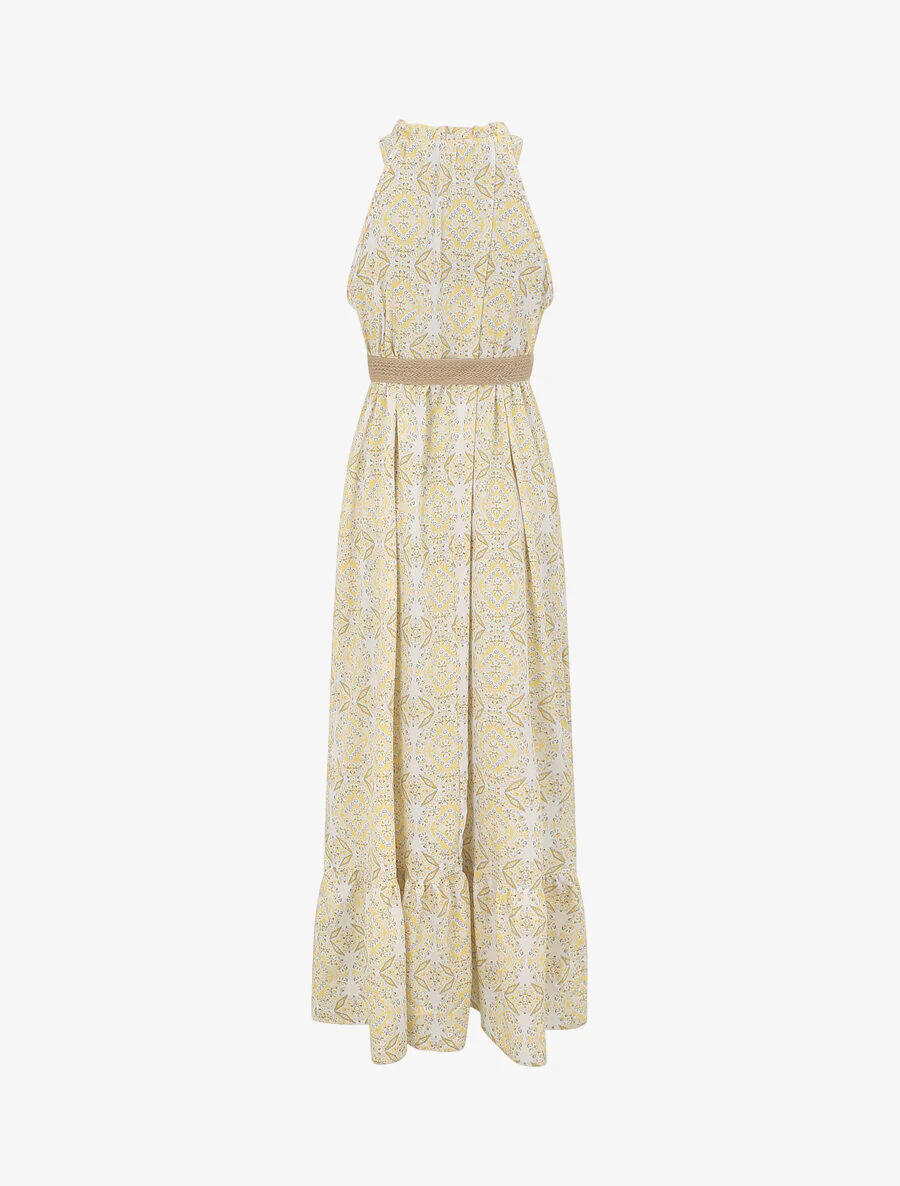 Robe longue évasée imprimé faïence fleurie - Jaune - Image 2