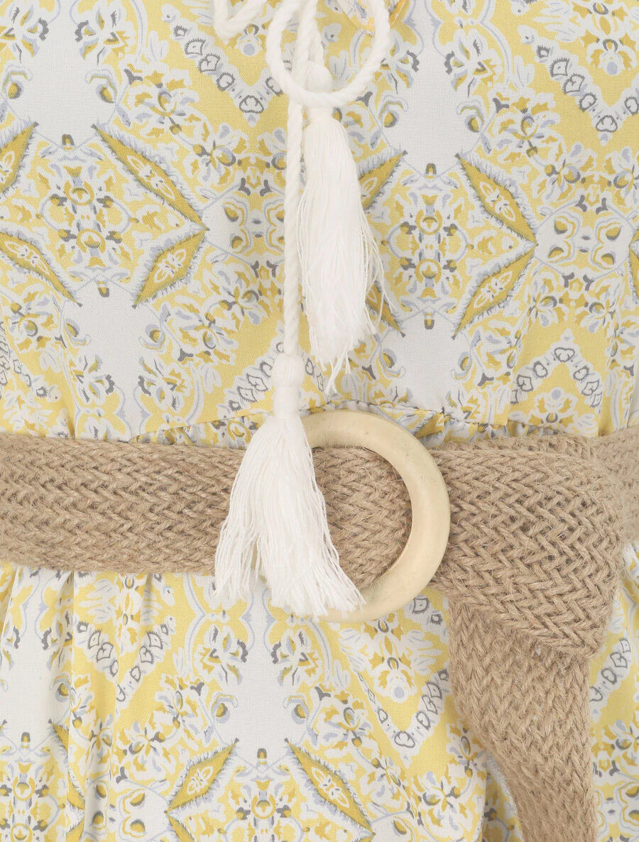 Robe longue évasée imprimé faïence fleurie - Jaune - Image 3