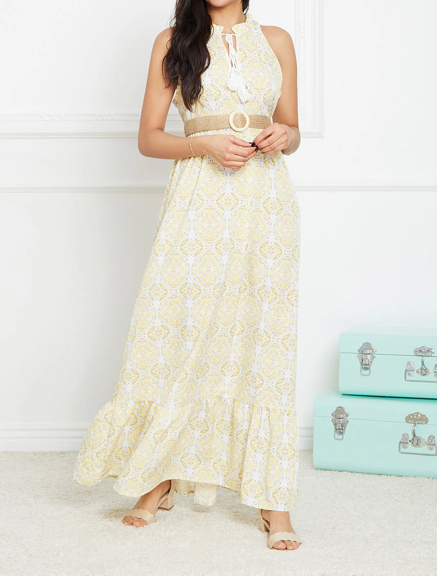 Robe longue évasée imprimé faïence fleurie - Jaune - Image 4
