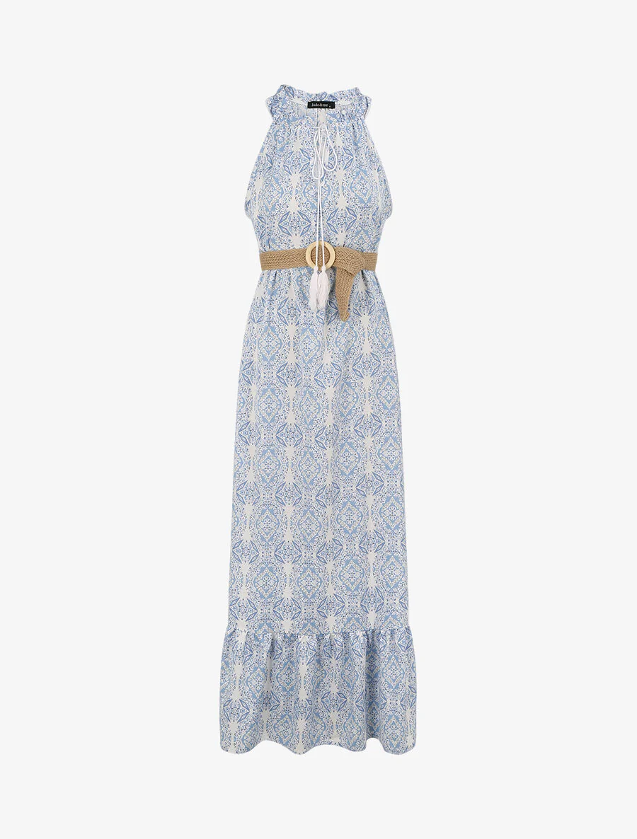 Robe longue évasée imprimé faïence fleurie - Bleu