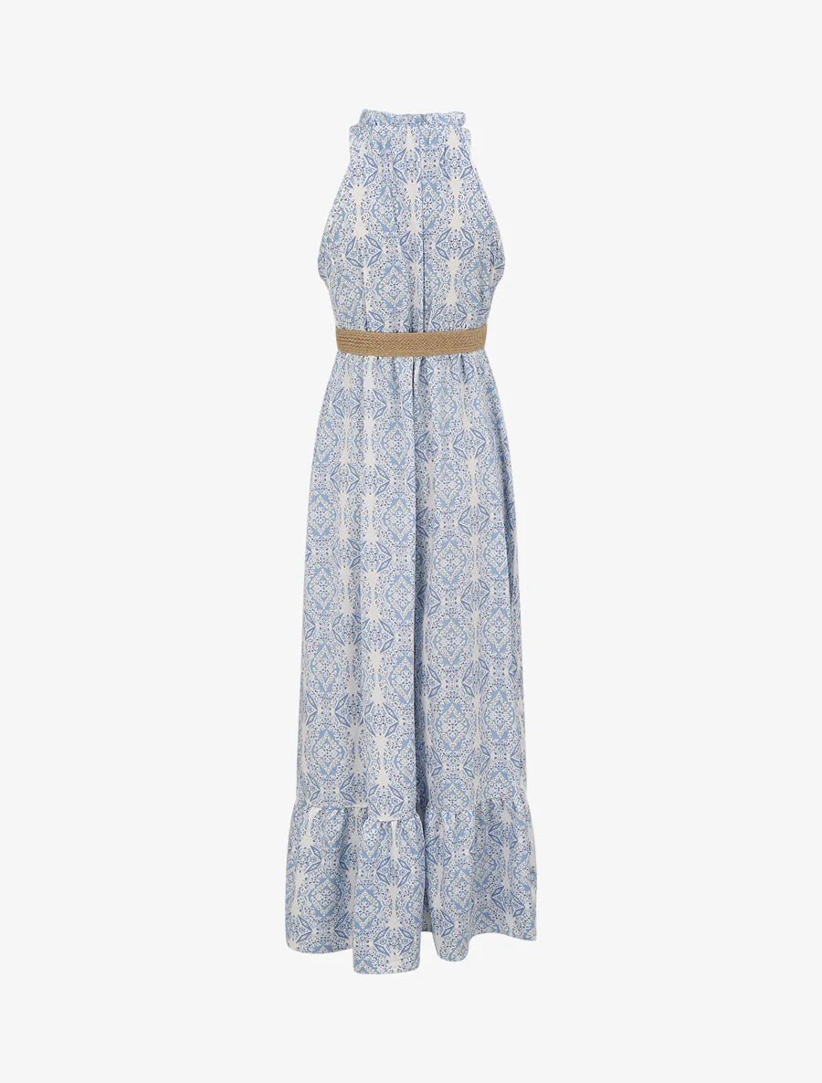 Robe longue évasée imprimé faïence fleurie - Bleu - Image 2