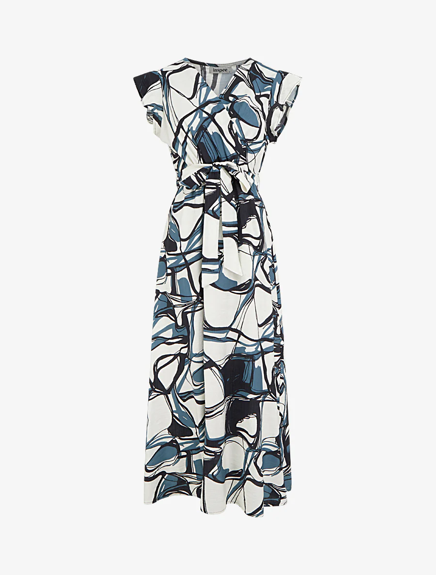 Robe longue évasée imprimé fantaisie - Bleu/blanc