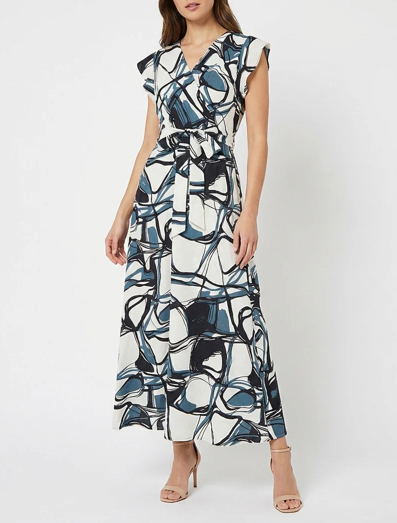 Robe longue évasée imprimé fantaisie - Bleu/blanc - Image 4
