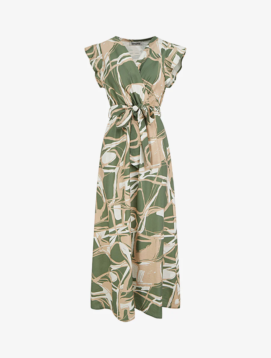 Robe longue évasée imprimé fantaisie - Kaki
