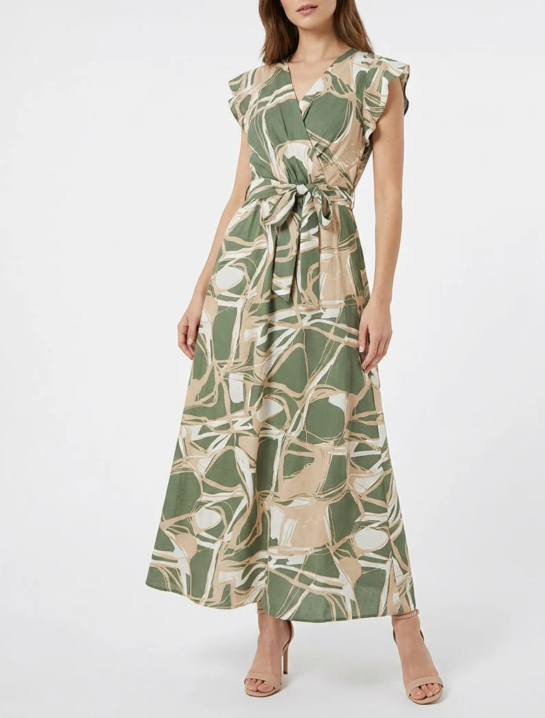 Robe longue évasée imprimé fantaisie - Kaki - Image 4