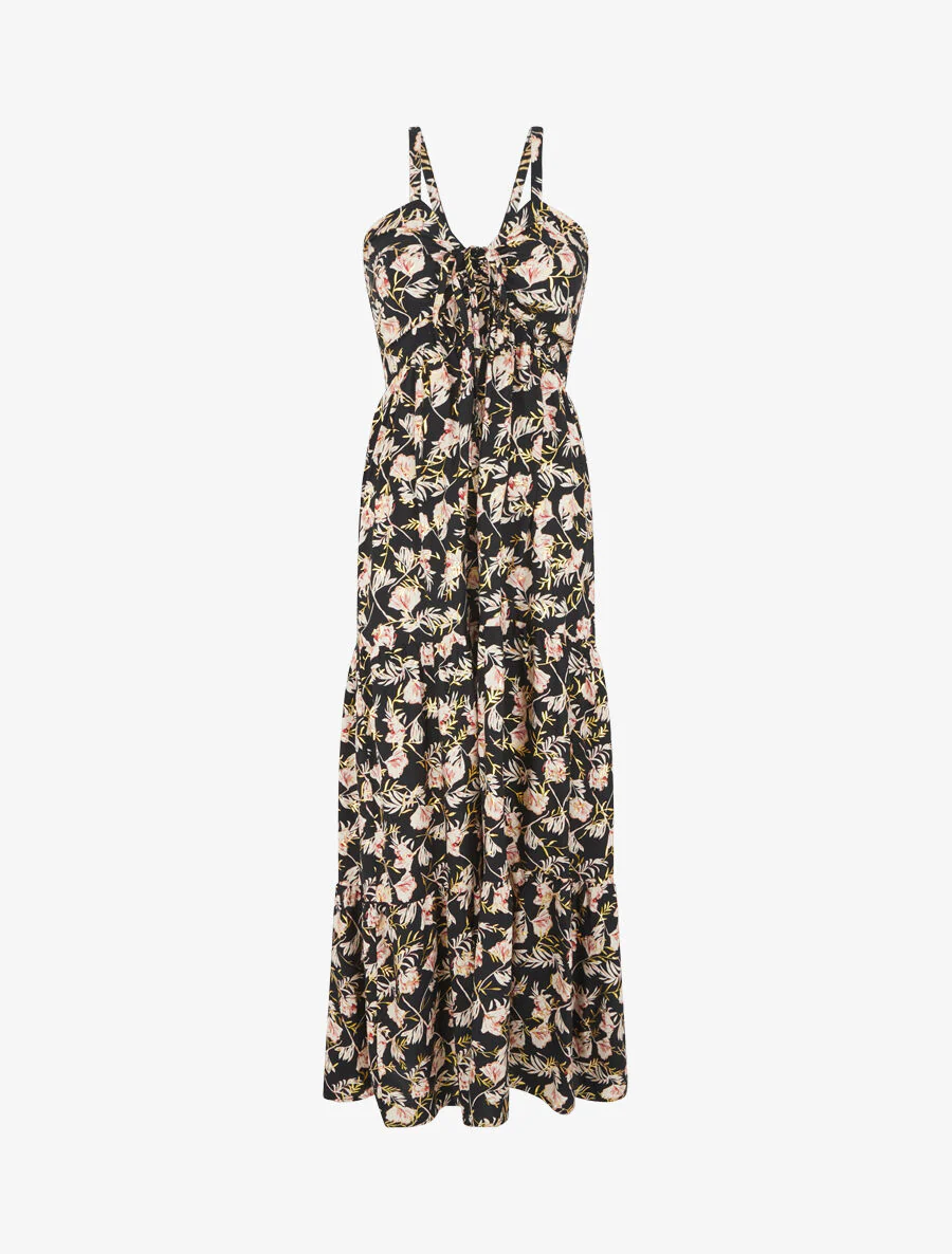 Robe longue évasée imprimé fleur irisé à bretelles - Noir