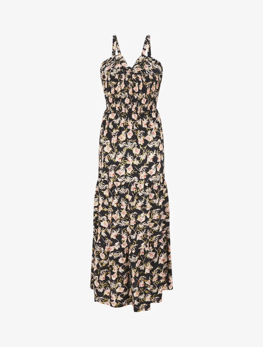 Robe longue évasée imprimé fleur irisé à bretelles - Noir - Image 2