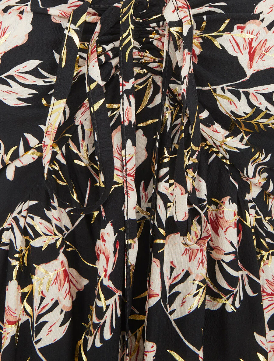 Robe longue évasée imprimé fleur irisé à bretelles - Noir - Image 3