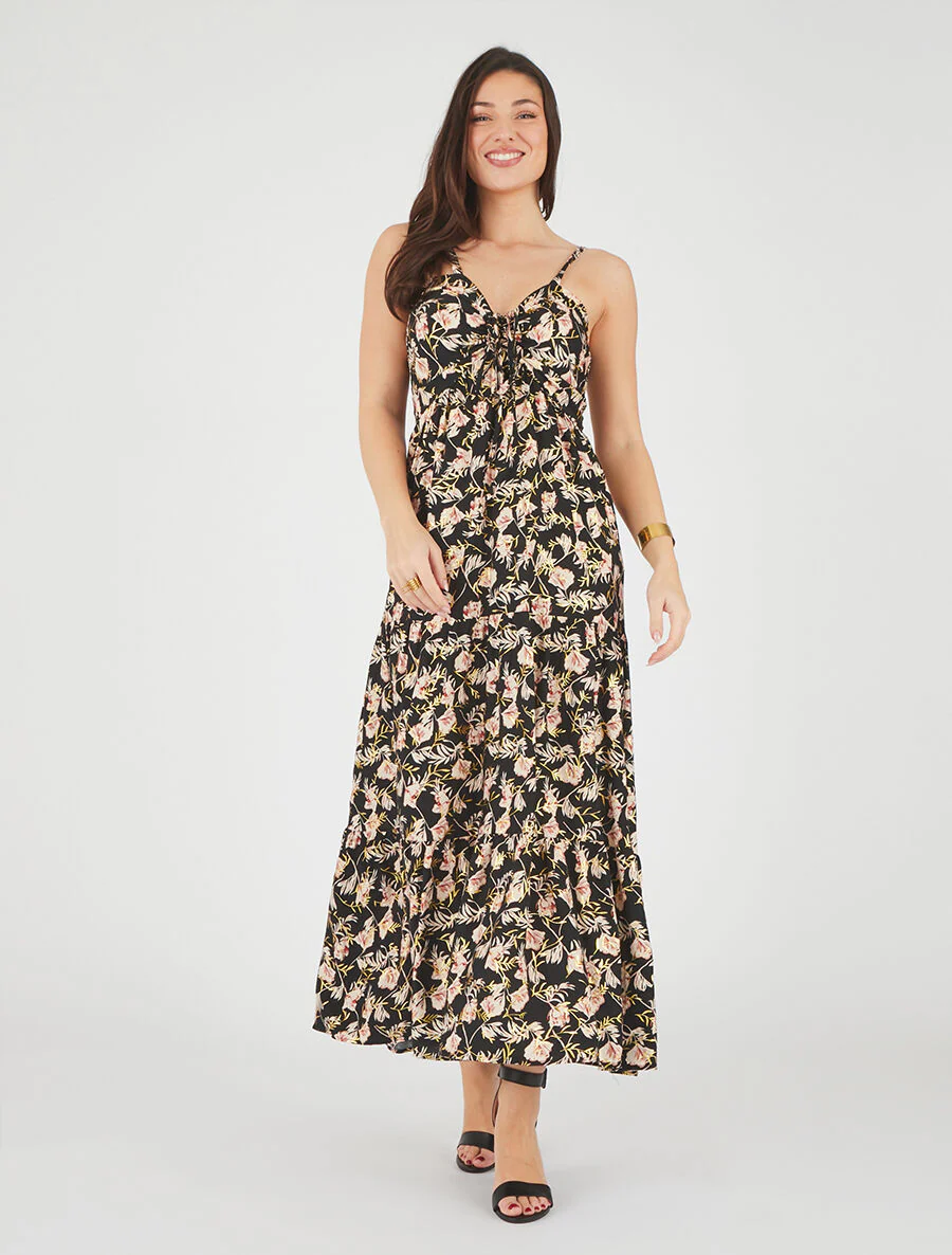 Robe longue évasée imprimé fleur irisé à bretelles - Noir - Image 4