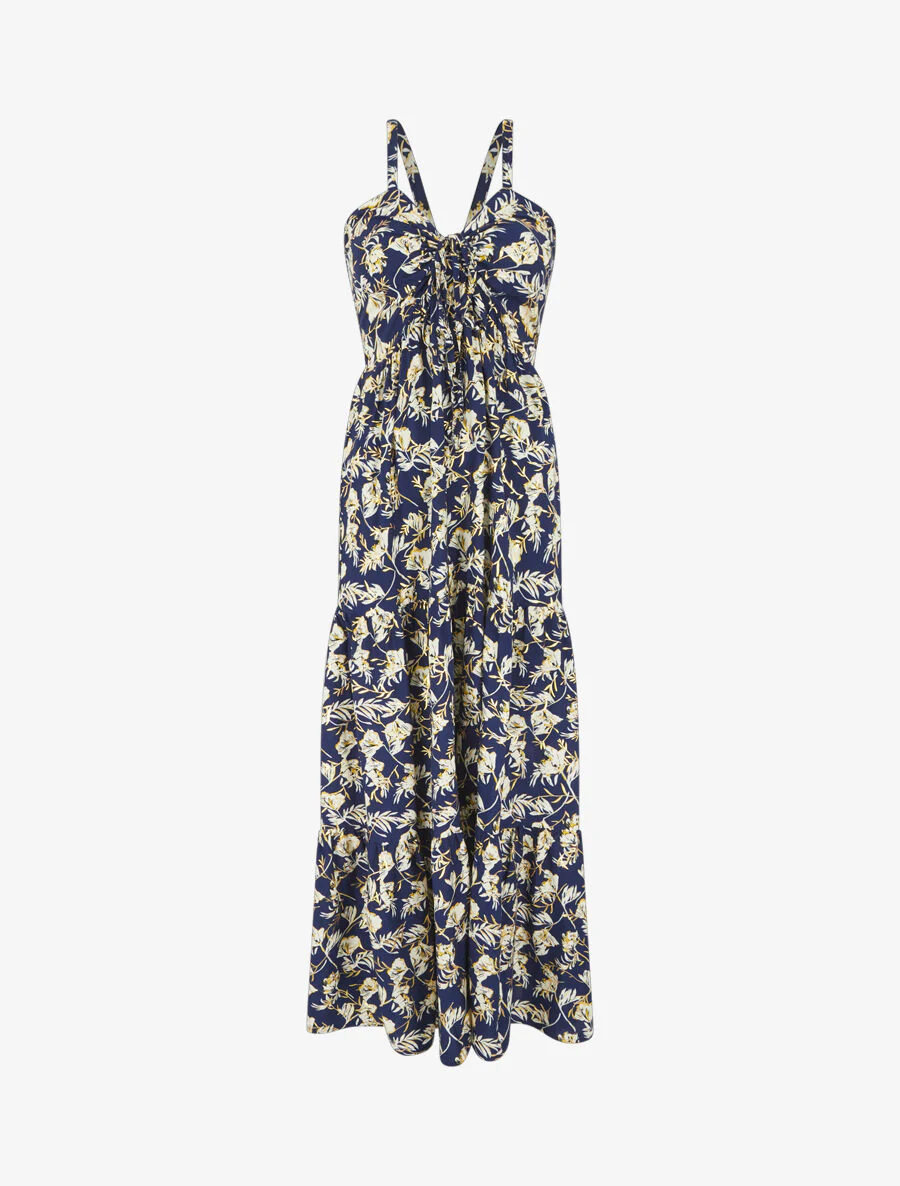 Robe longue évasée imprimé fleur irisé à bretelles - Marine