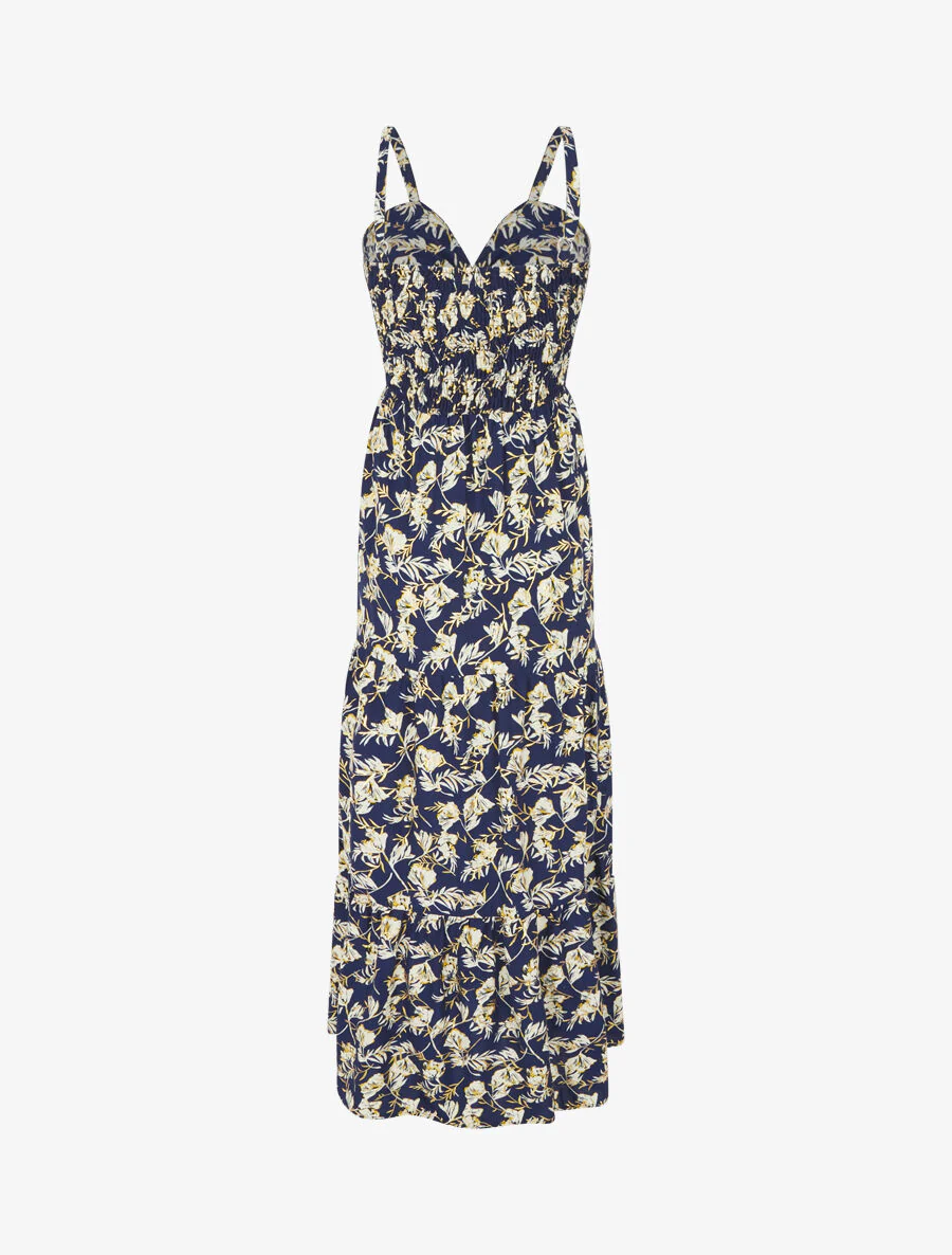 Robe longue évasée imprimé fleur irisé à bretelles - Marine - Image 2