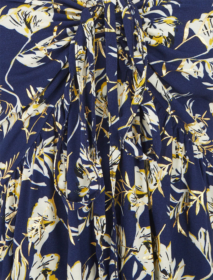 Robe longue évasée imprimé fleur irisé à bretelles - Marine - Image 3