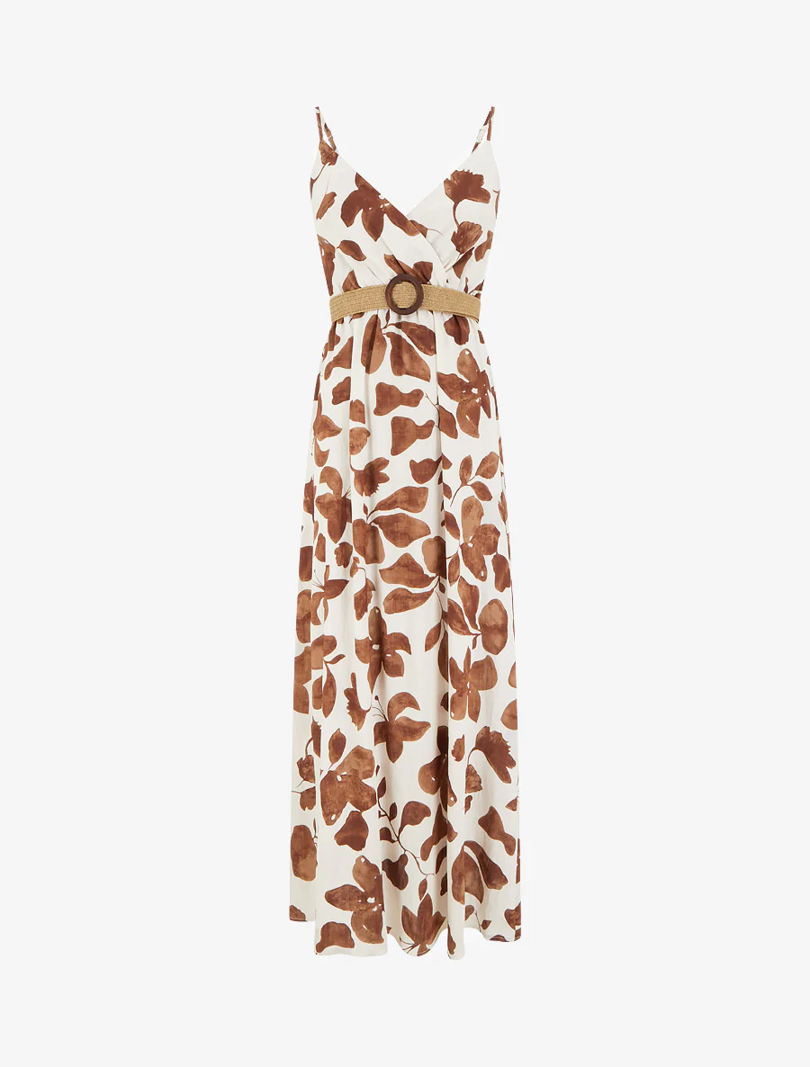 Robe longue évasée imprimé grandes fleurs - Marron