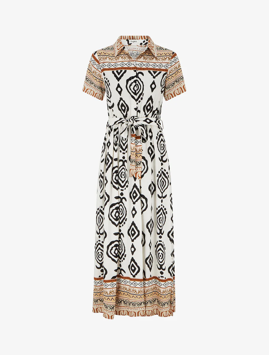 Robe longue évasée imprimé graphique - Blanc/marron