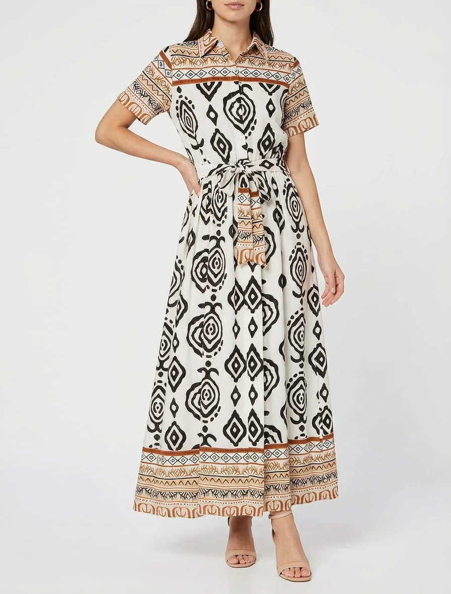 Robe longue évasée imprimé graphique - Blanc/marron - Image 4