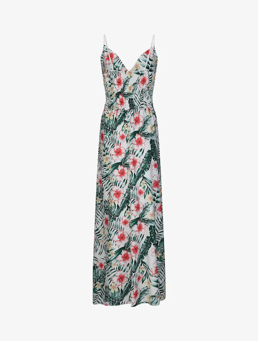Robe longue évasée imprimé hibiscus col à noeud - Blanc - Image 2