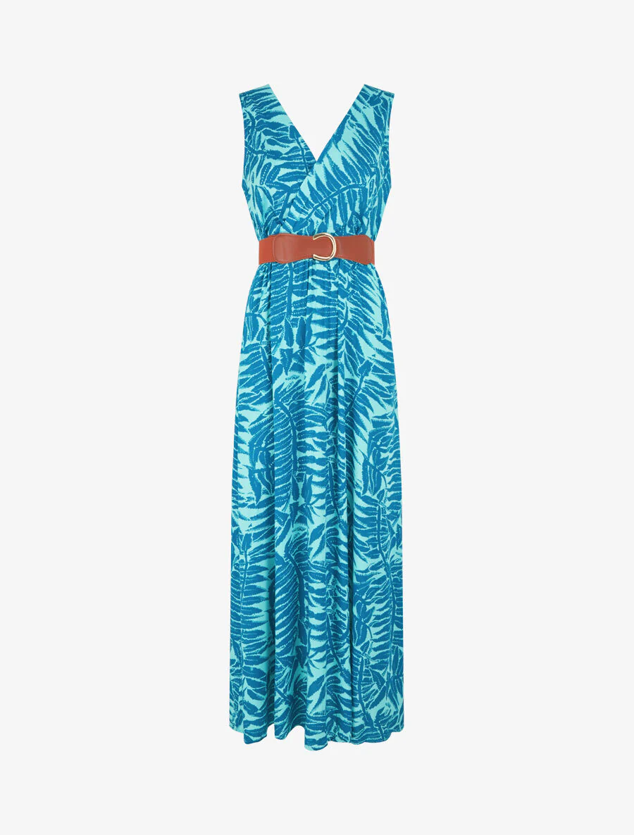 Robe longue évasée imprimé tropical - Turquoise