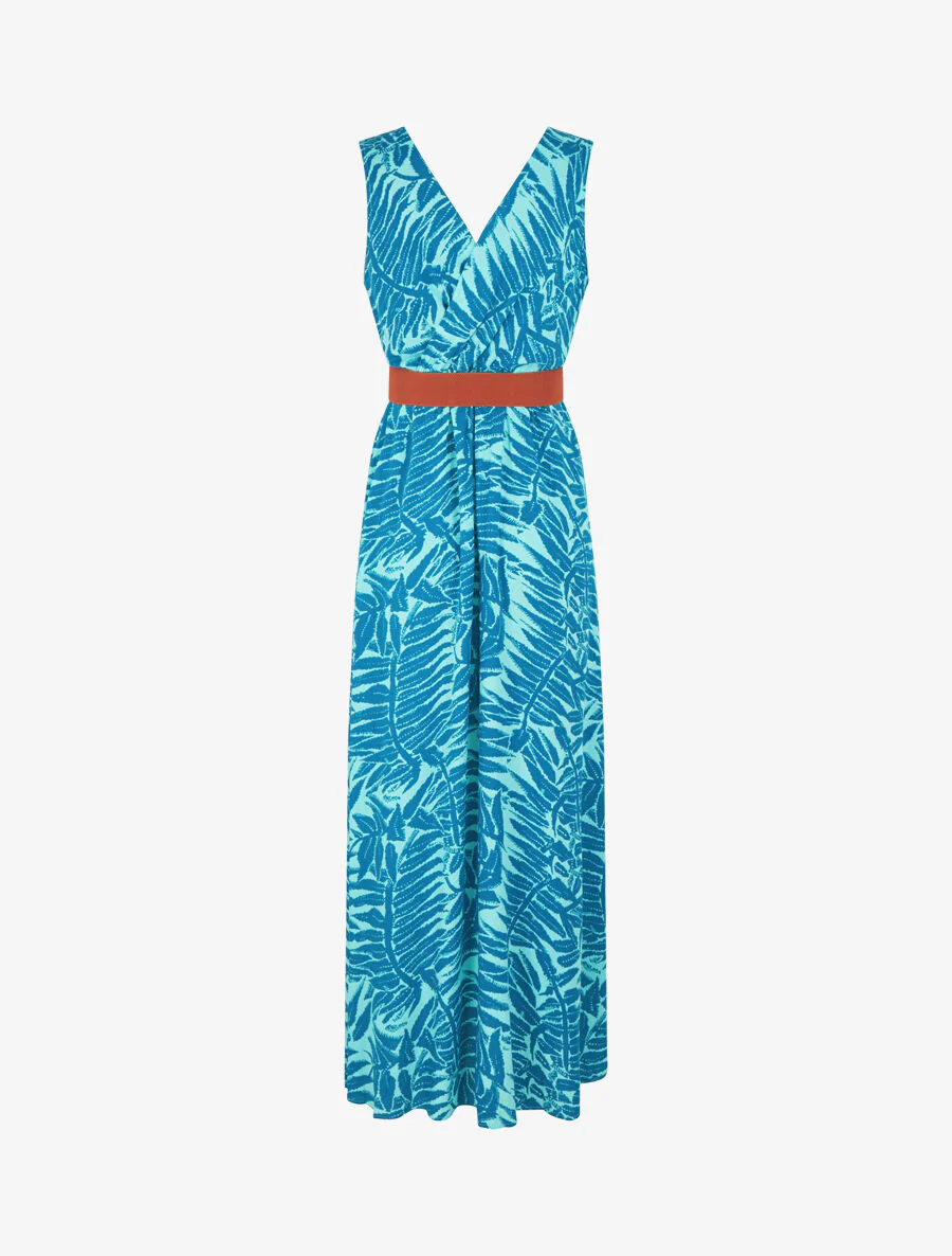 Robe longue évasée imprimé tropical - Turquoise - Image 2