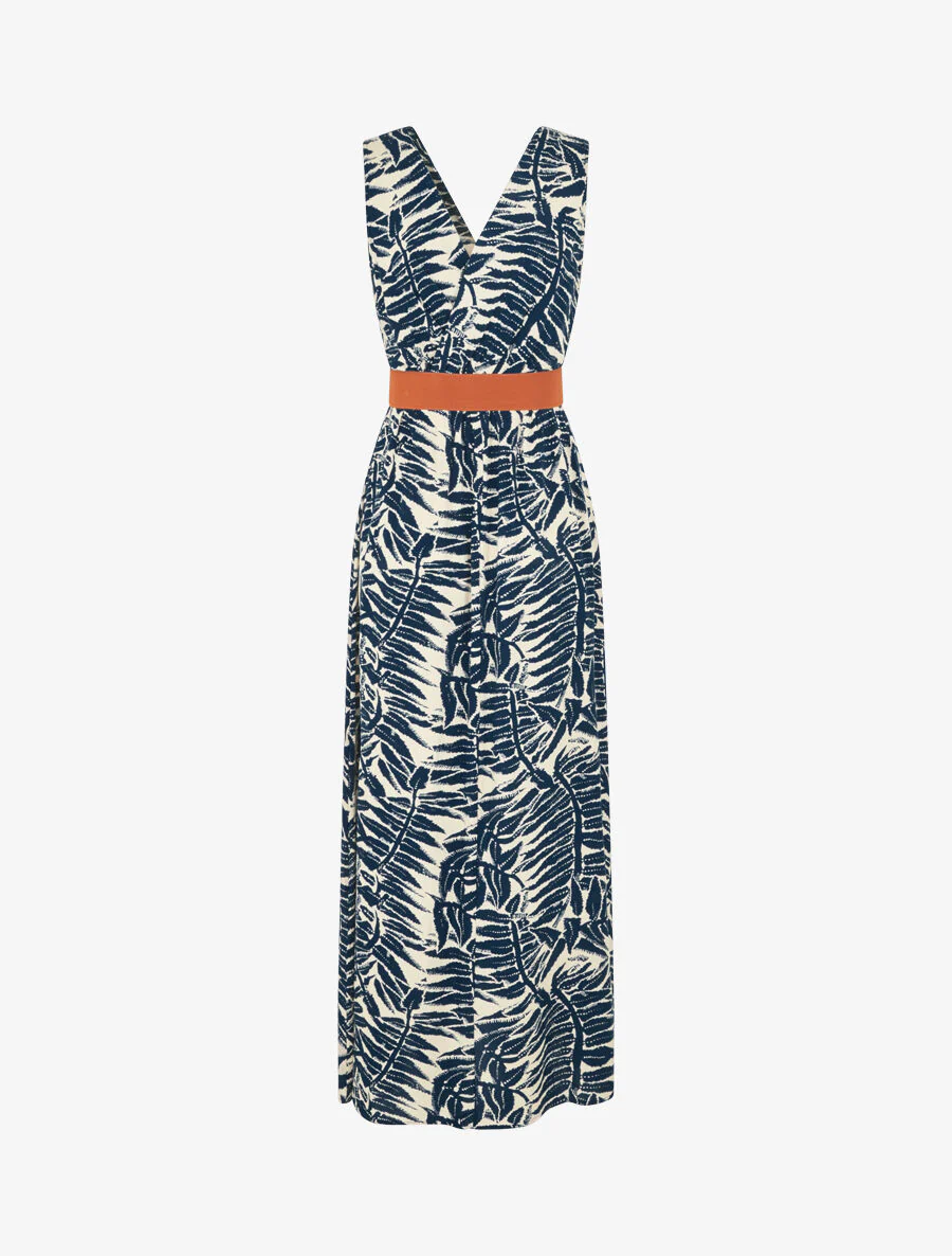 Robe longue évasée imprimé tropical - Marine - Image 2