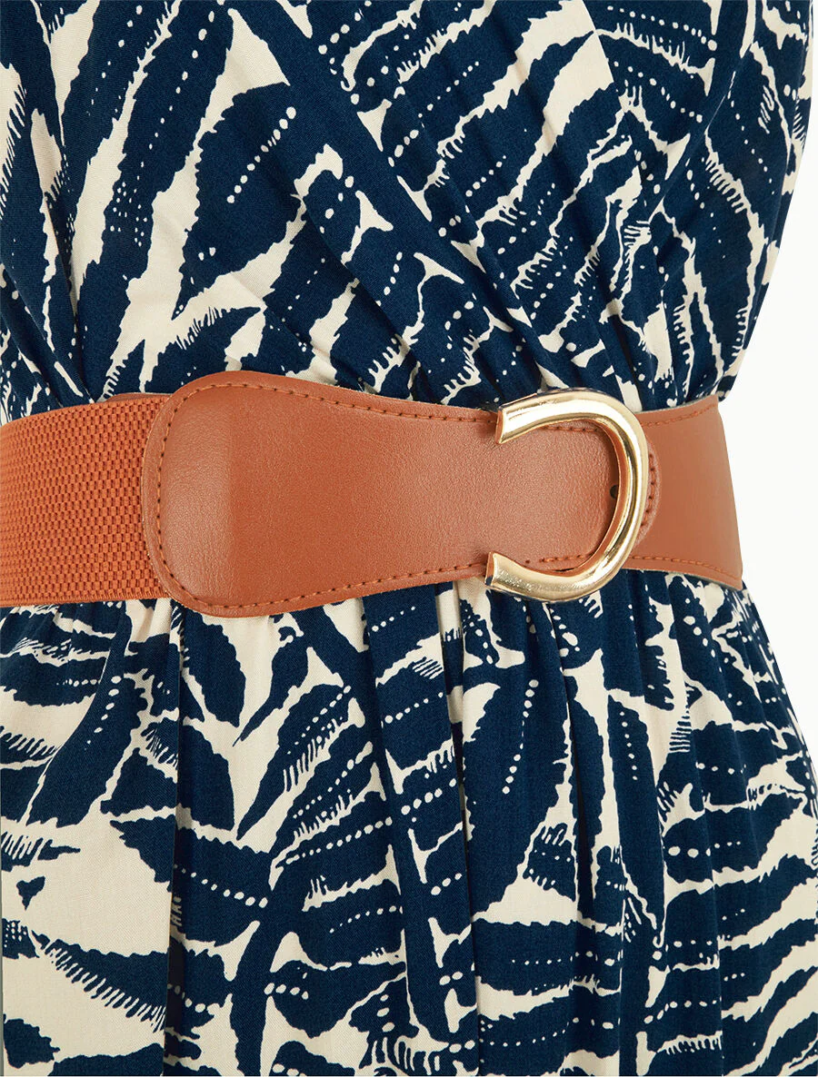 Robe longue évasée imprimé tropical - Marine - Image 3