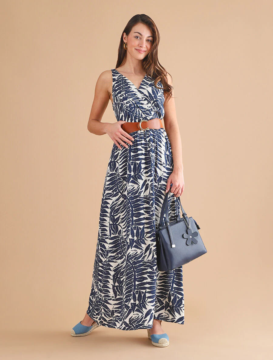 Robe longue évasée imprimé tropical - Marine - Image 4