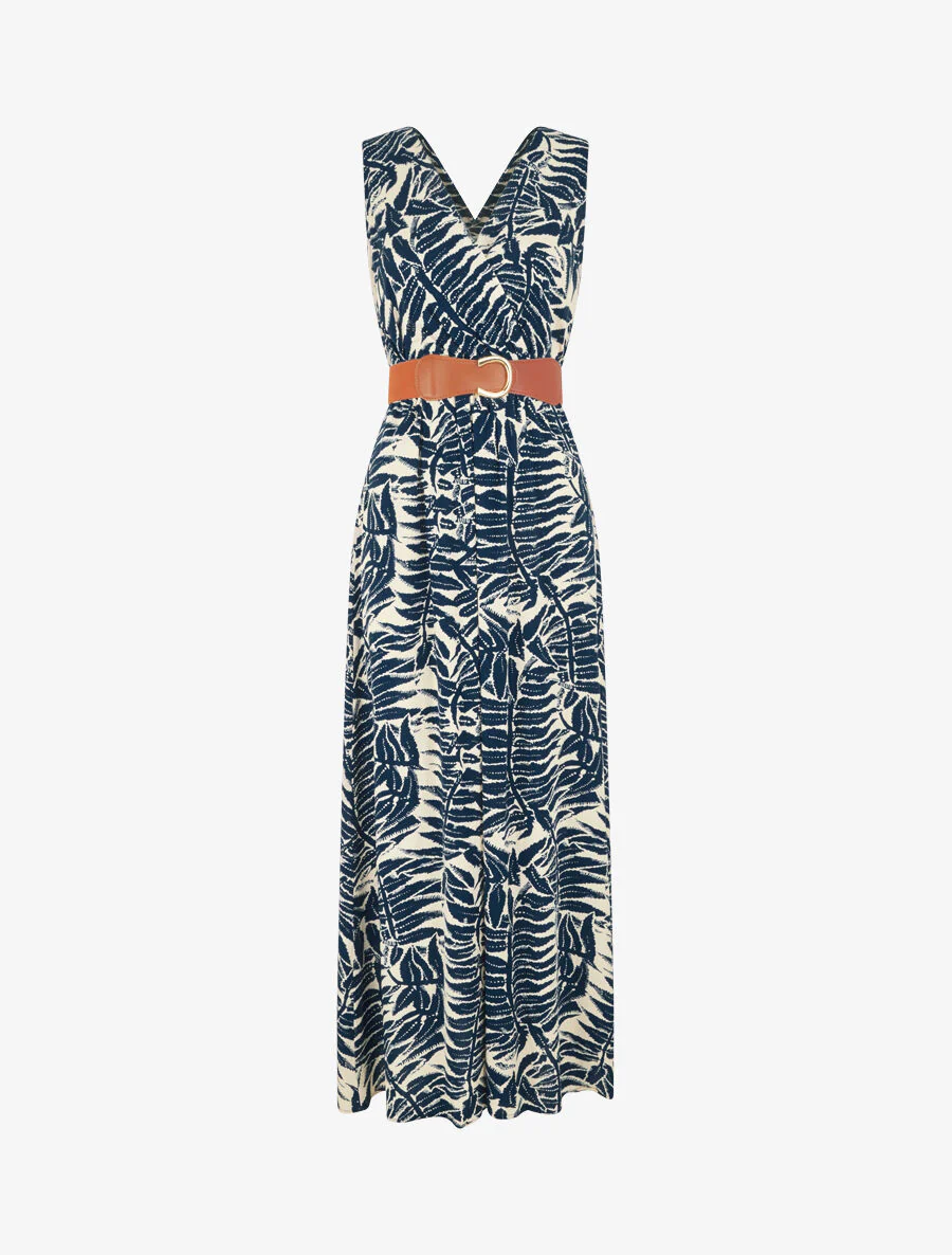Robe longue évasée imprimé tropical - Marine - Image 5