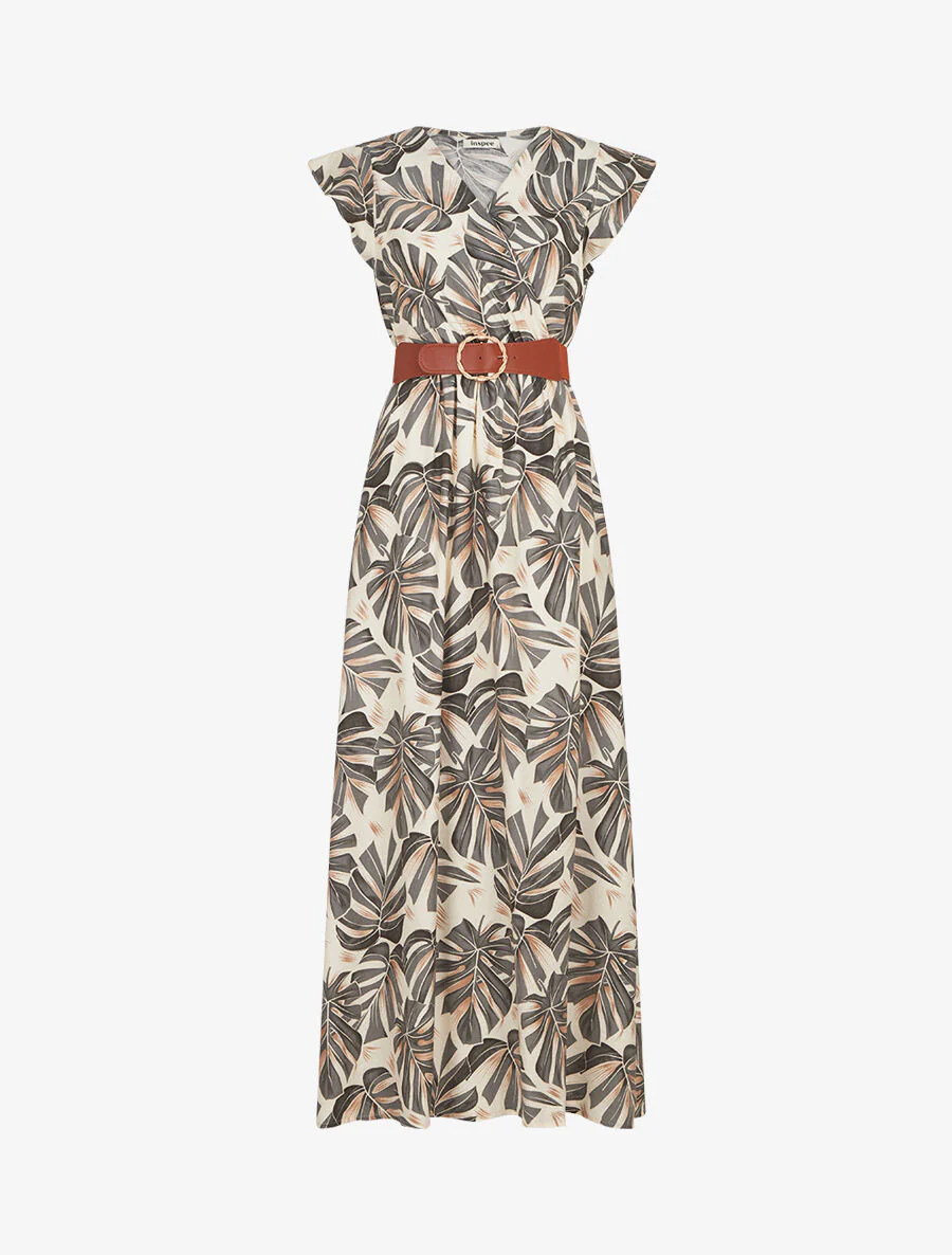Robe longue évasée imprimé tropical - Gris foncé