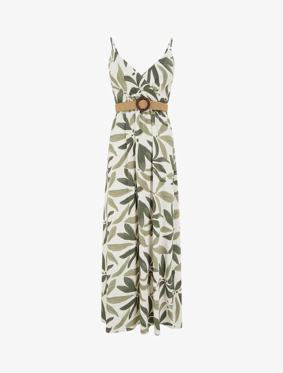 Robe longue évasée imprimé végétal - Kaki