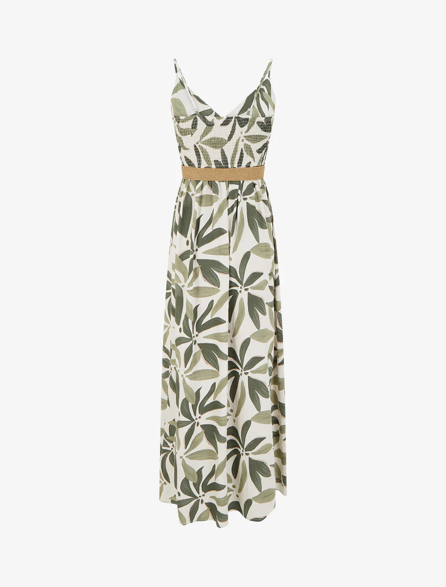 Robe longue évasée imprimé végétal - Kaki - Image 2
