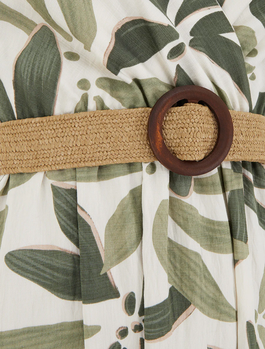 Robe longue évasée imprimé végétal - Kaki - Image 3