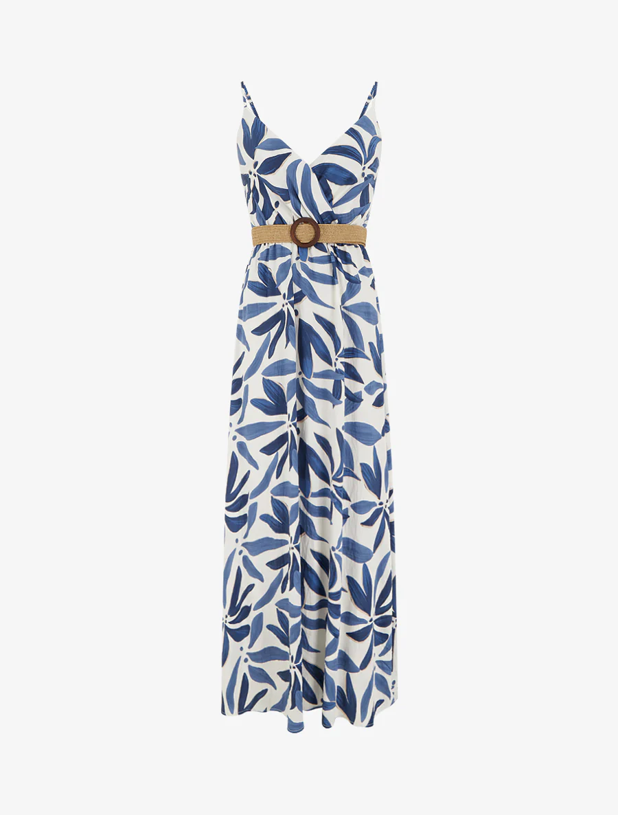 Robe longue évasée imprimé végétal - Marine