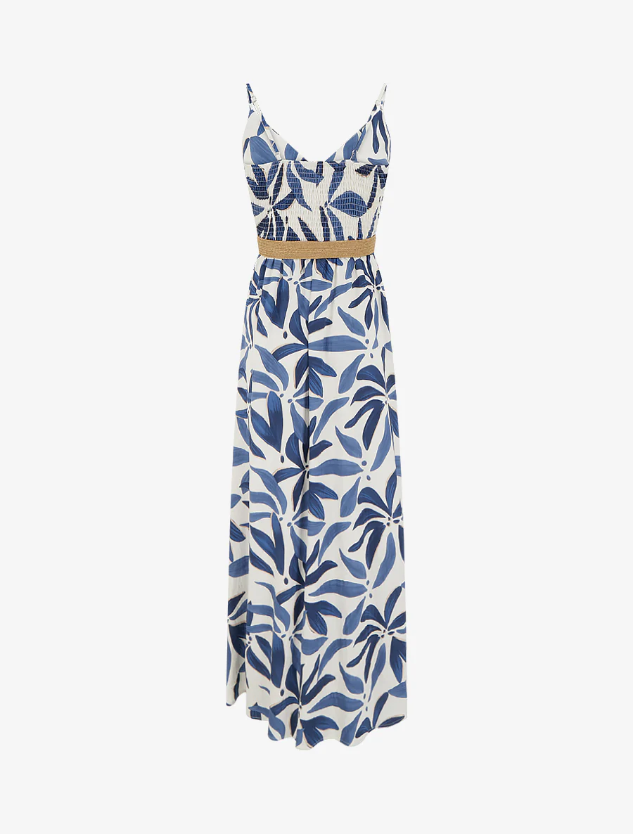 Robe longue évasée imprimé végétal - Marine - Image 2
