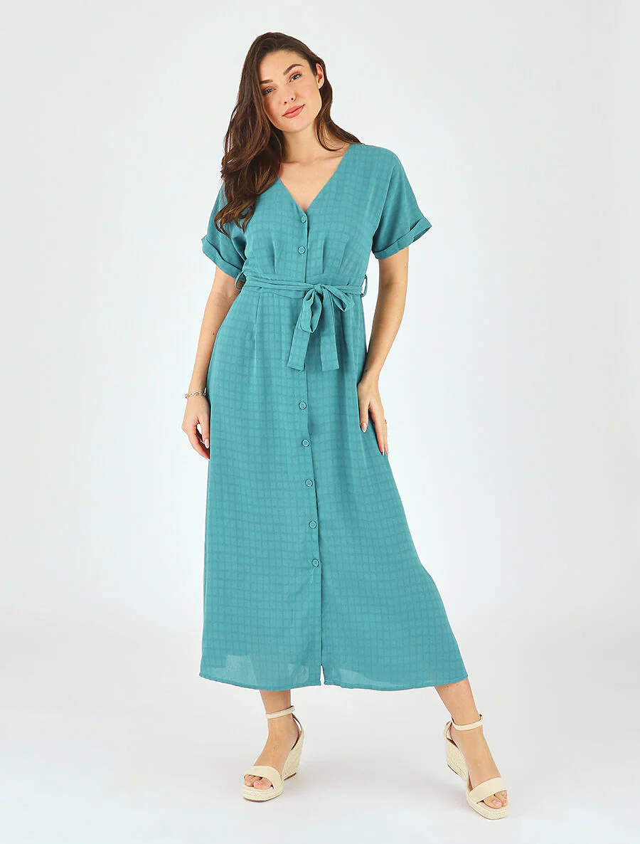 Robe longue évasée manches courtes - Turquoise - Image 4