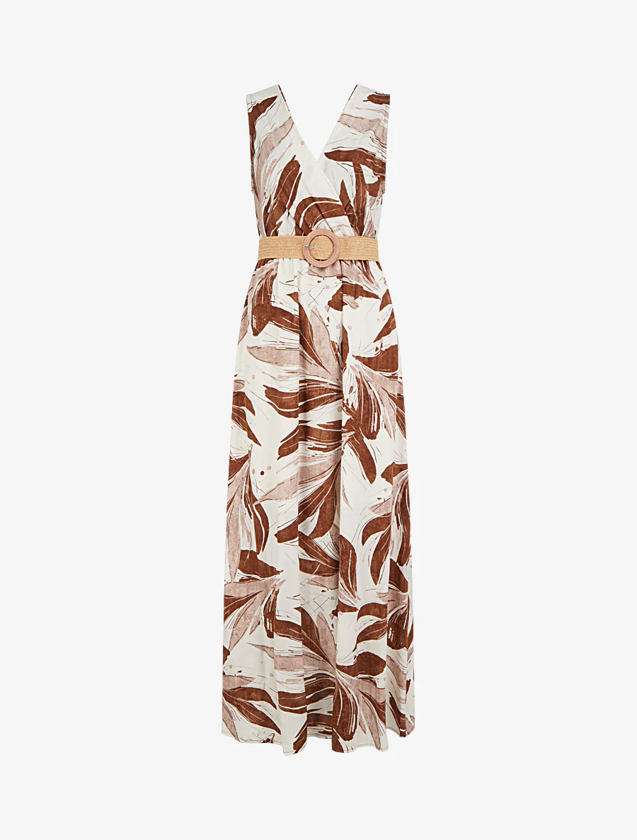 Robe longue évasée sans manches imprimé fantaisie - Marron