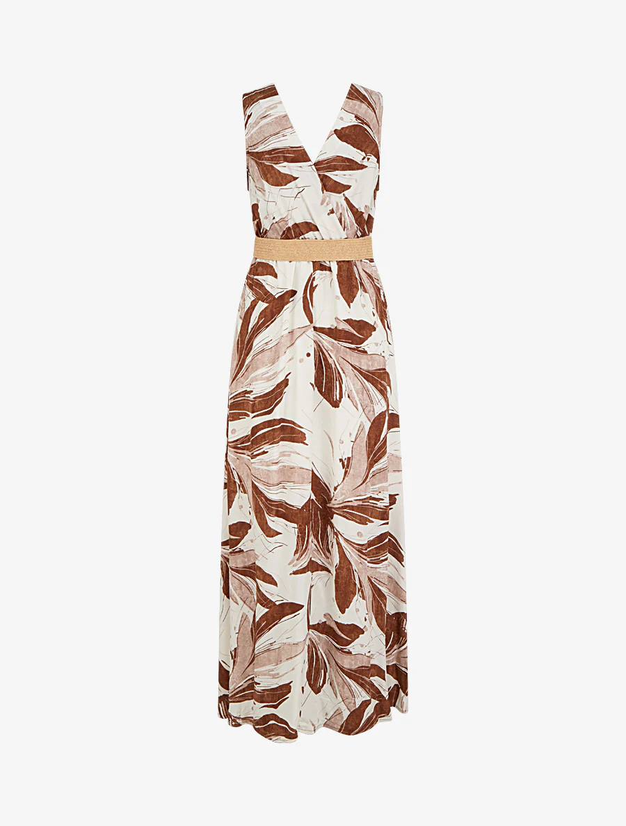 Robe longue évasée sans manches imprimé fantaisie - Marron - Image 2