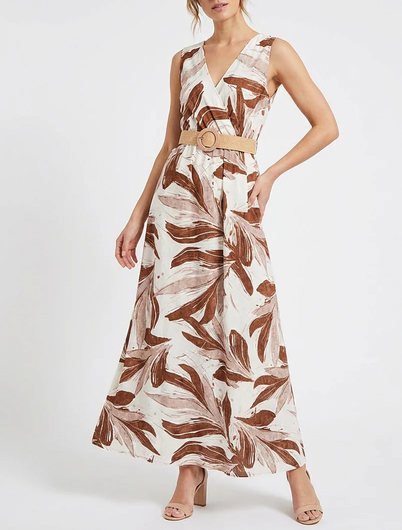 Robe longue évasée sans manches imprimé fantaisie - Marron - Image 4