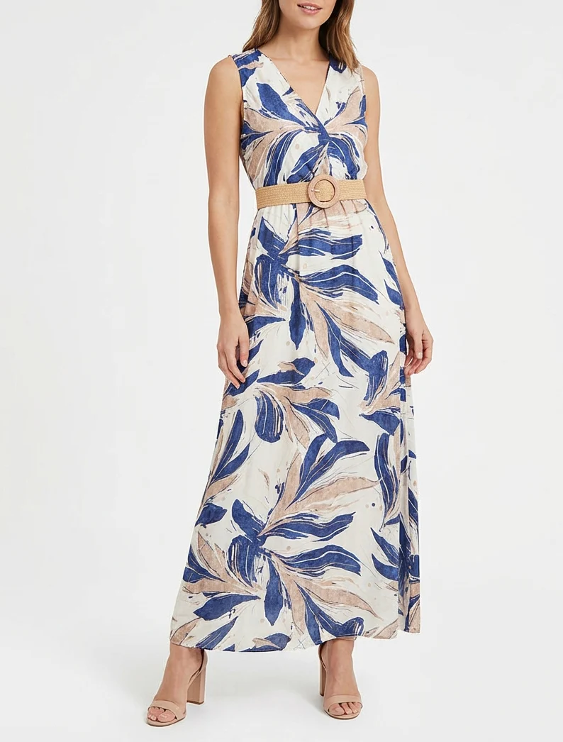 Robe longue évasée sans manches imprimé fantaisie - Bleu - Image 4