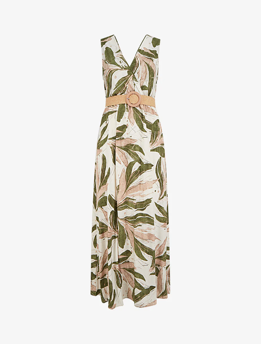 Robe longue évasée sans manches imprimé fantaisie - Kaki