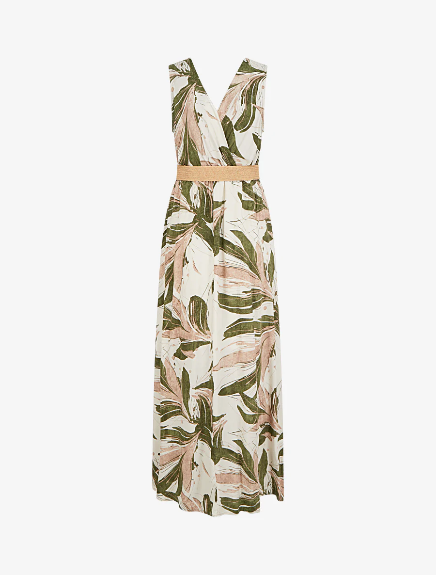 Robe longue évasée sans manches imprimé fantaisie - Kaki - Image 2