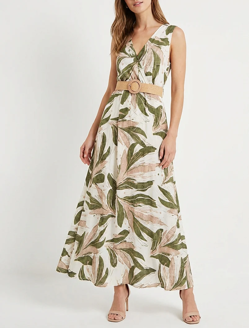 Robe longue évasée sans manches imprimé fantaisie - Kaki - Image 4