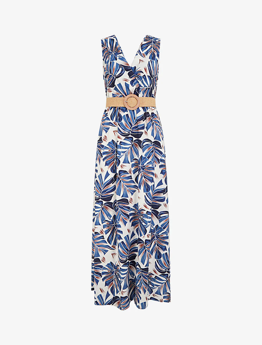 Robe longue évasée sans manches imprimé tropical - Bleu