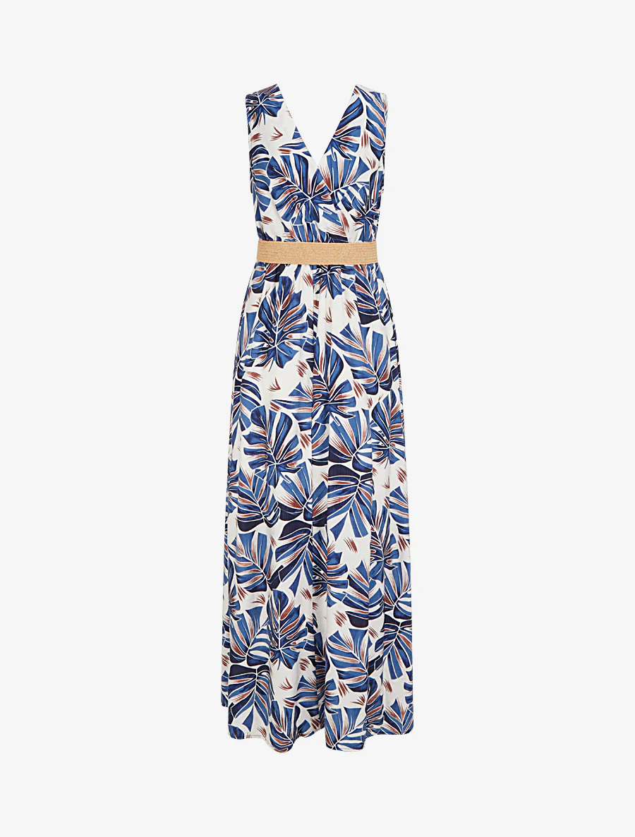 Robe longue évasée sans manches imprimé tropical - Bleu - Image 2