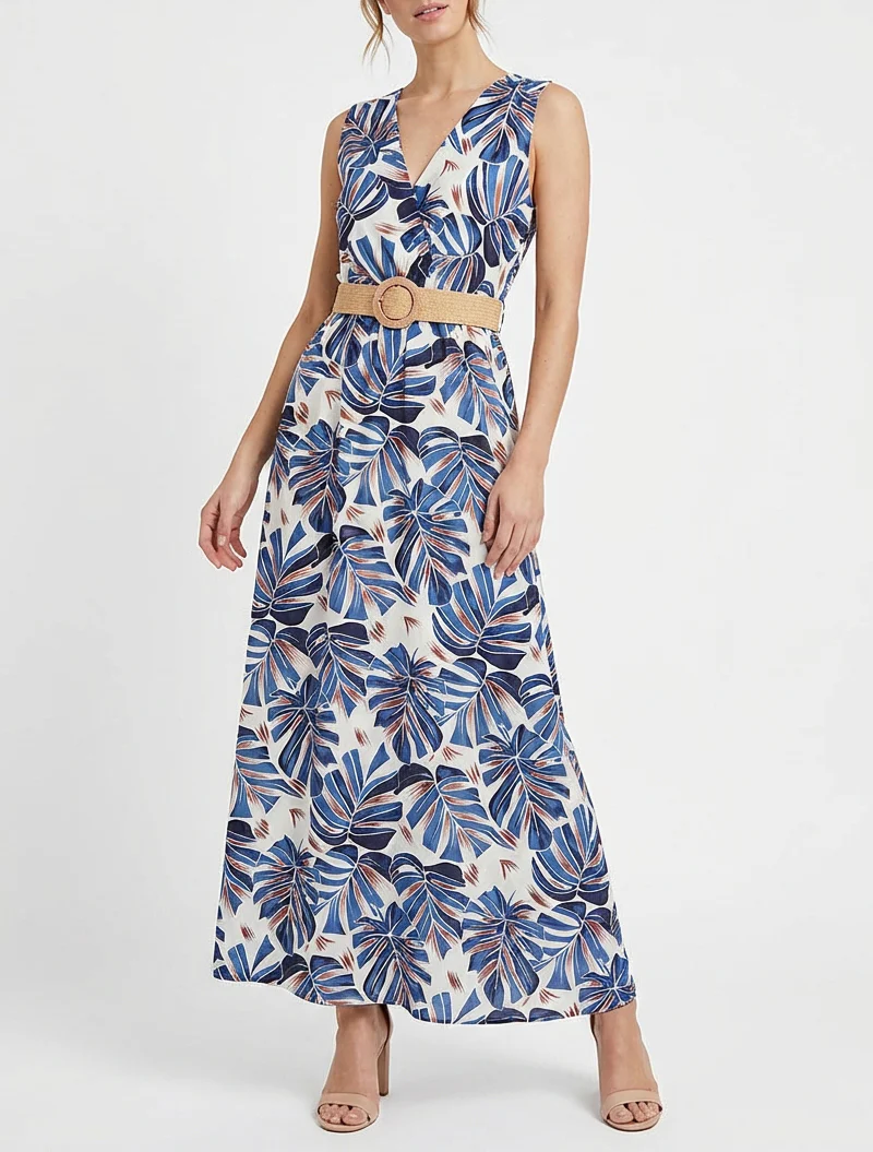 Robe longue évasée sans manches imprimé tropical - Bleu - Image 4