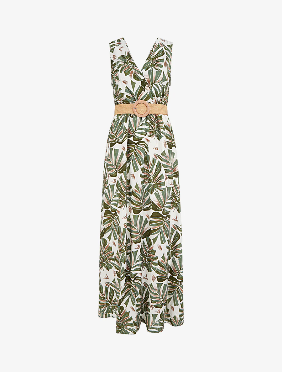 Robe longue évasée sans manches imprimé tropical - Kaki