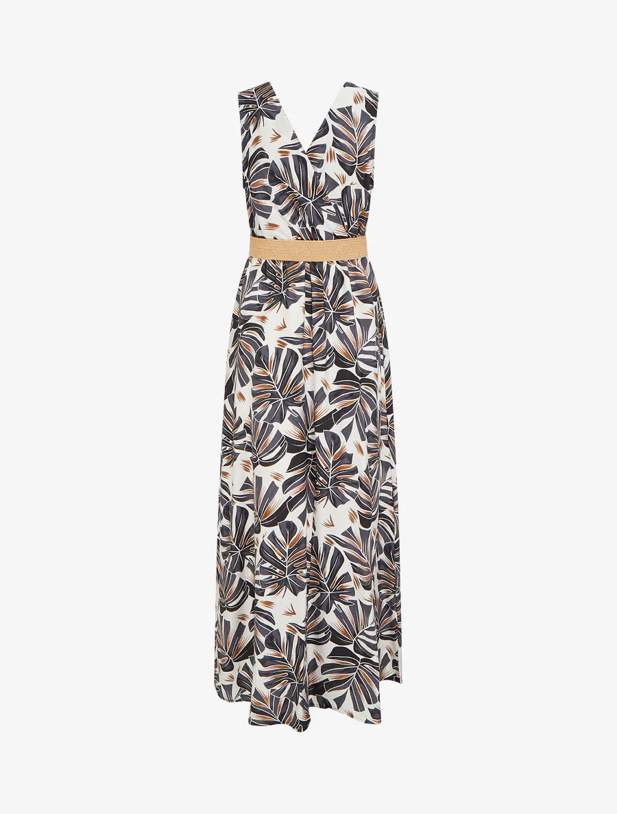 Robe longue évasée sans manches imprimé tropical - Noir - Image 2