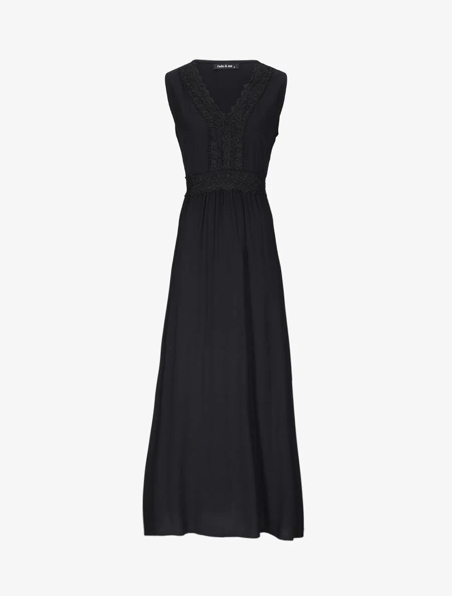 Robe longue évasée unie à col en crochet - Noir