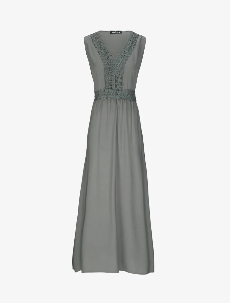 Robe longue évasée unie à col en crochet - Kaki