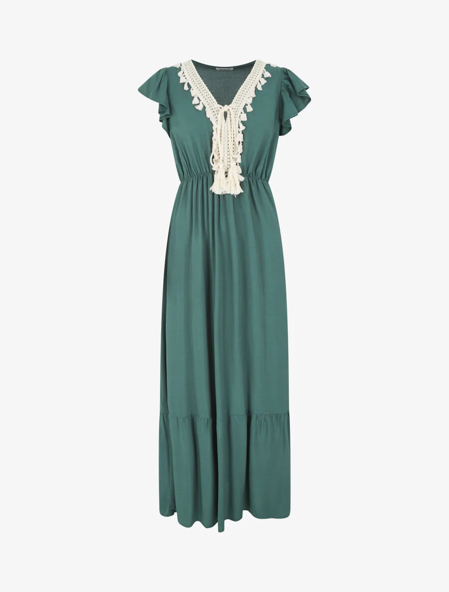 Robe longue évasée unie - Vert foncé