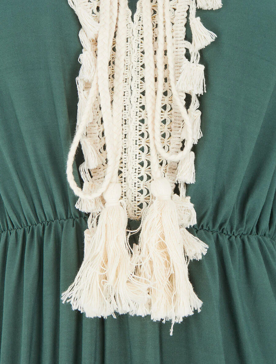 Robe longue évasée unie - Vert foncé - Image 3