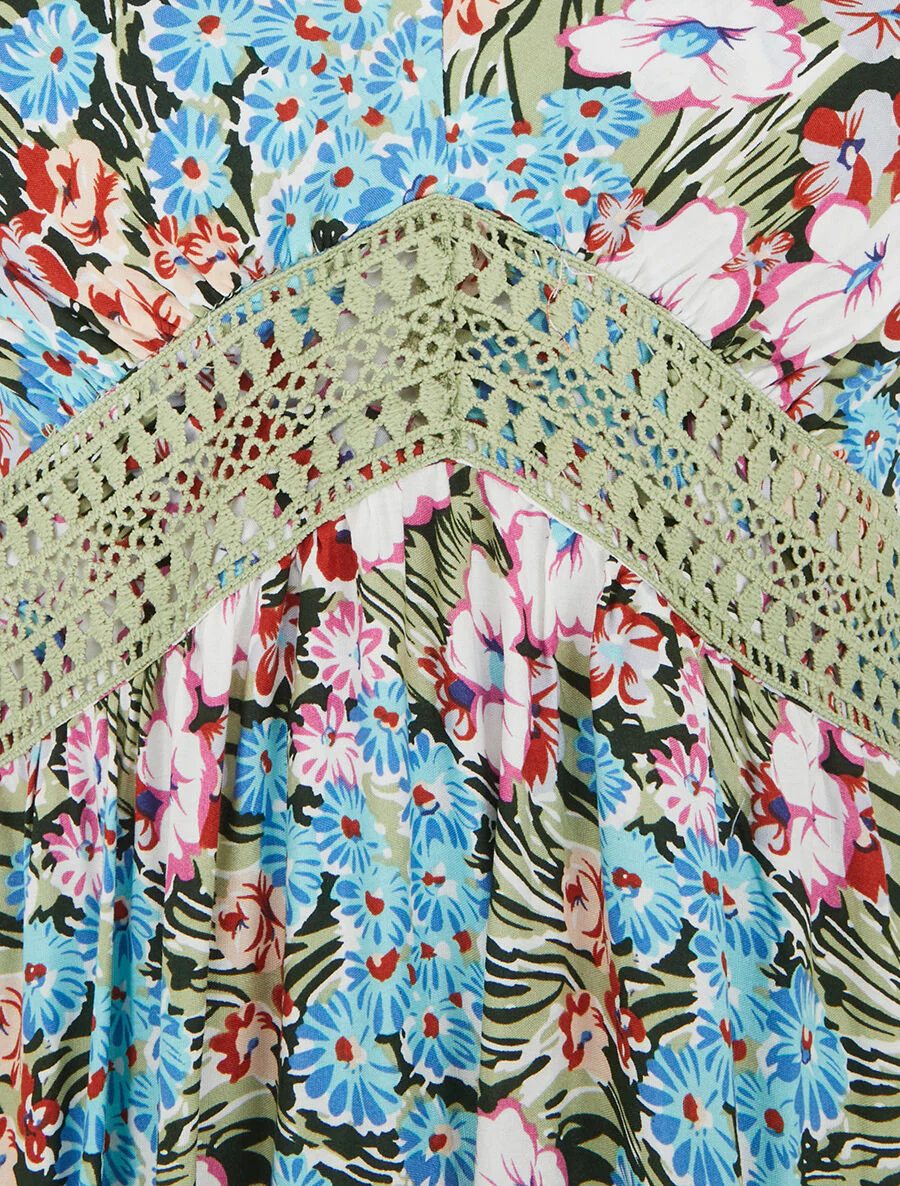 Robe longue fleuri à col V - Vert - Image 3